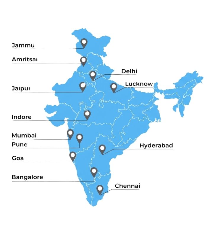 Map of India showing cities served by A N Bhutada & Co. — Jammu, Amritsar, Delhi, Jaipur, Lucknow, Indore, Mumbai, Pune, Goa, Hyderabad, Bangalore, and Chennai